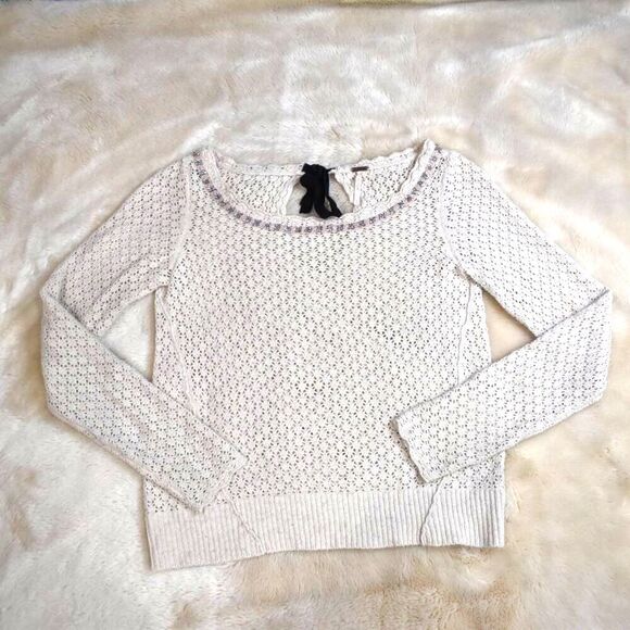 Free People Off White Wool Blend Open Knit Sweater Small Embellished Scoop Neck - Picture 2 of 12